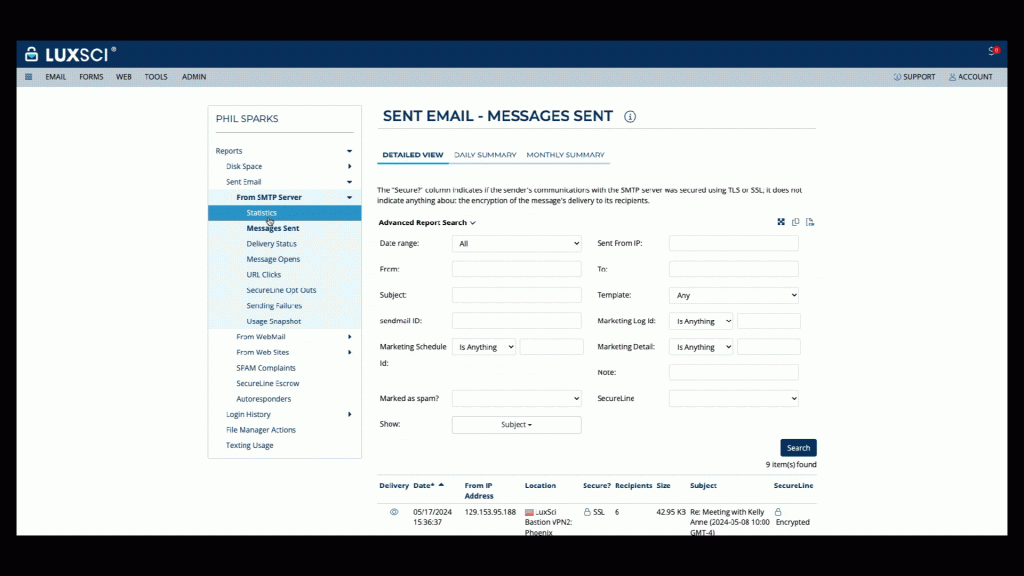 LuxSci Secure Email Reporting Statistics