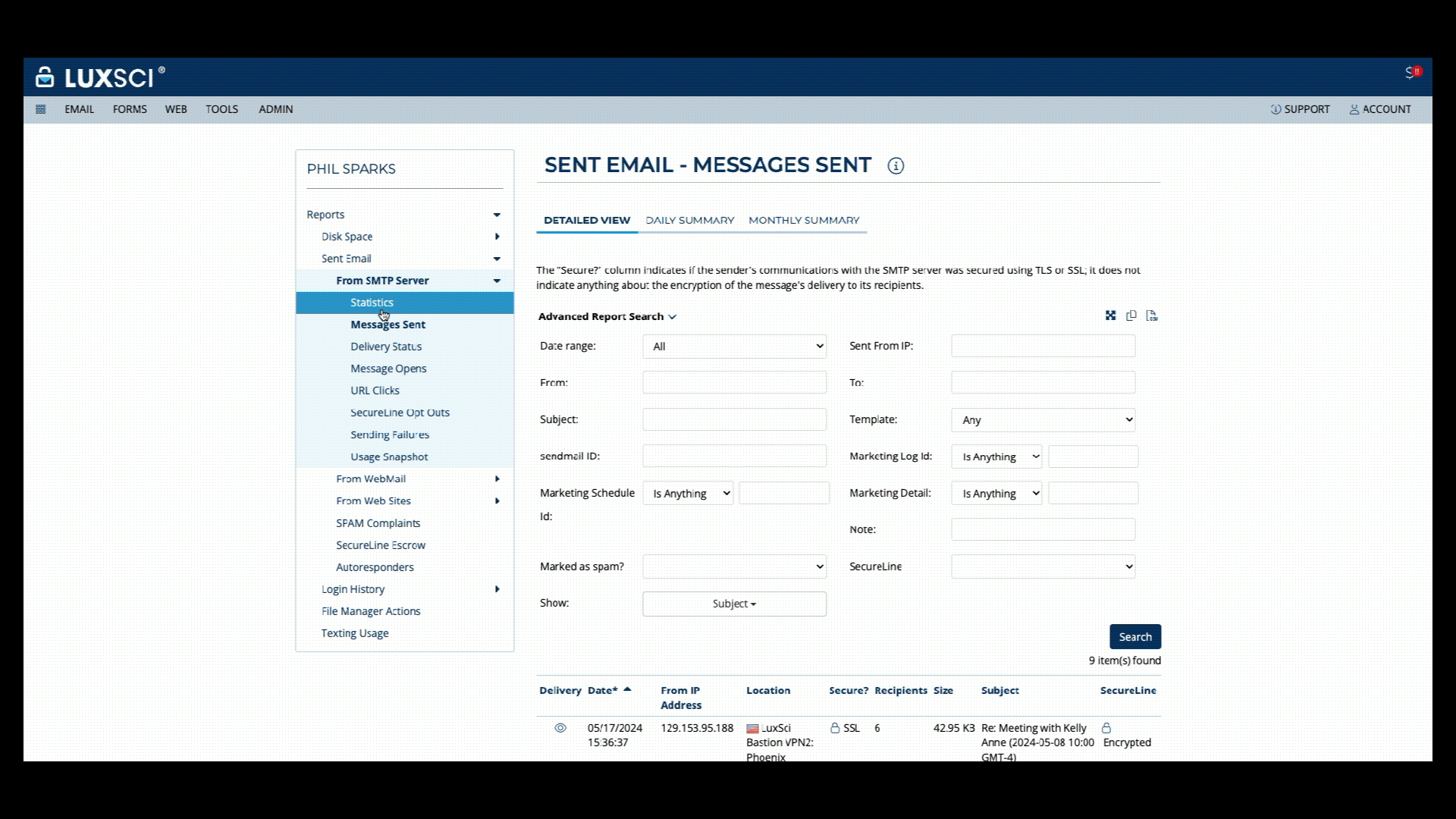 LuxSci Secure Email Reporting Statistics
